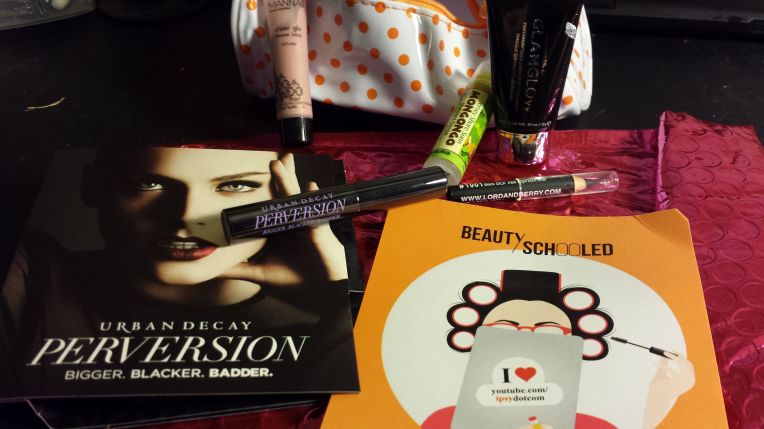 August 2014 Ipsy Bag - GlamGlow YouthMud, Manna Kadar Sheer Glo Shimmer Lotion, Jersey Shore Sun Mongongo Lip Conditioner, Lord & Berry Black Silk Kohl eyeliner, and Urban Decay Perversion mascare